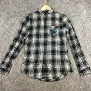 Carolina Panthers Shirt Women Junior M Long Sleeve Plaid Button Up NFL Football